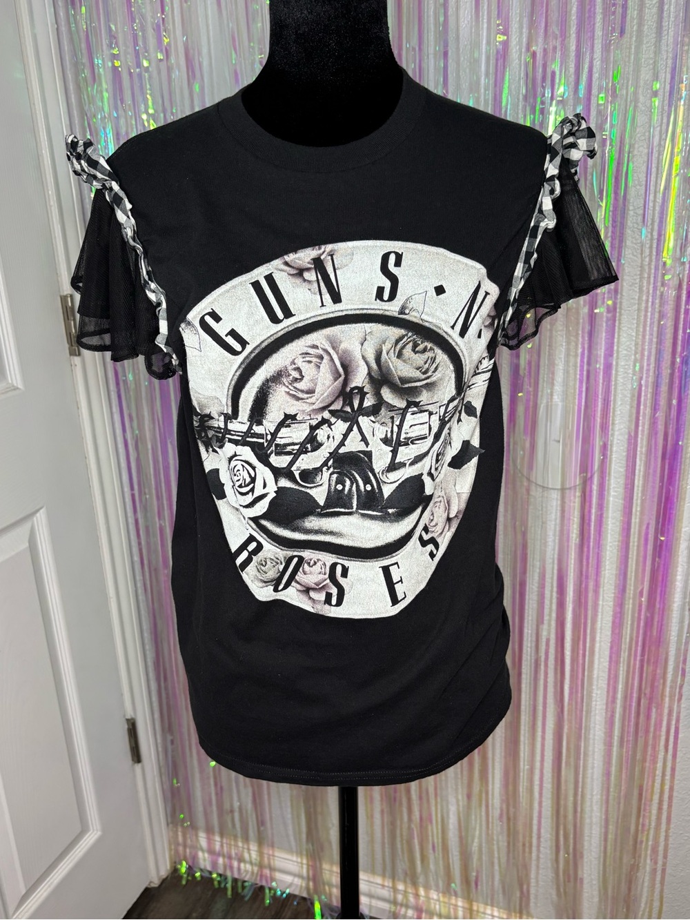 Alice + Olivia Black Graphic Tee with White Floral Logo and Sheer Ruffle Sleeves